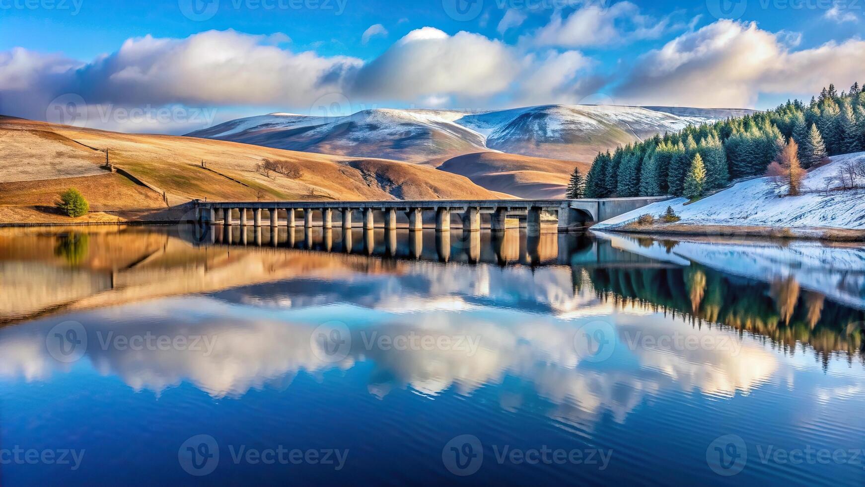 reflected, mirror-like reflection, peaceful, icy, tranquil, A stunning winter view of the Carron Valley Reservoir Dam in Scotland perfectly reflected in the calm waters below photo