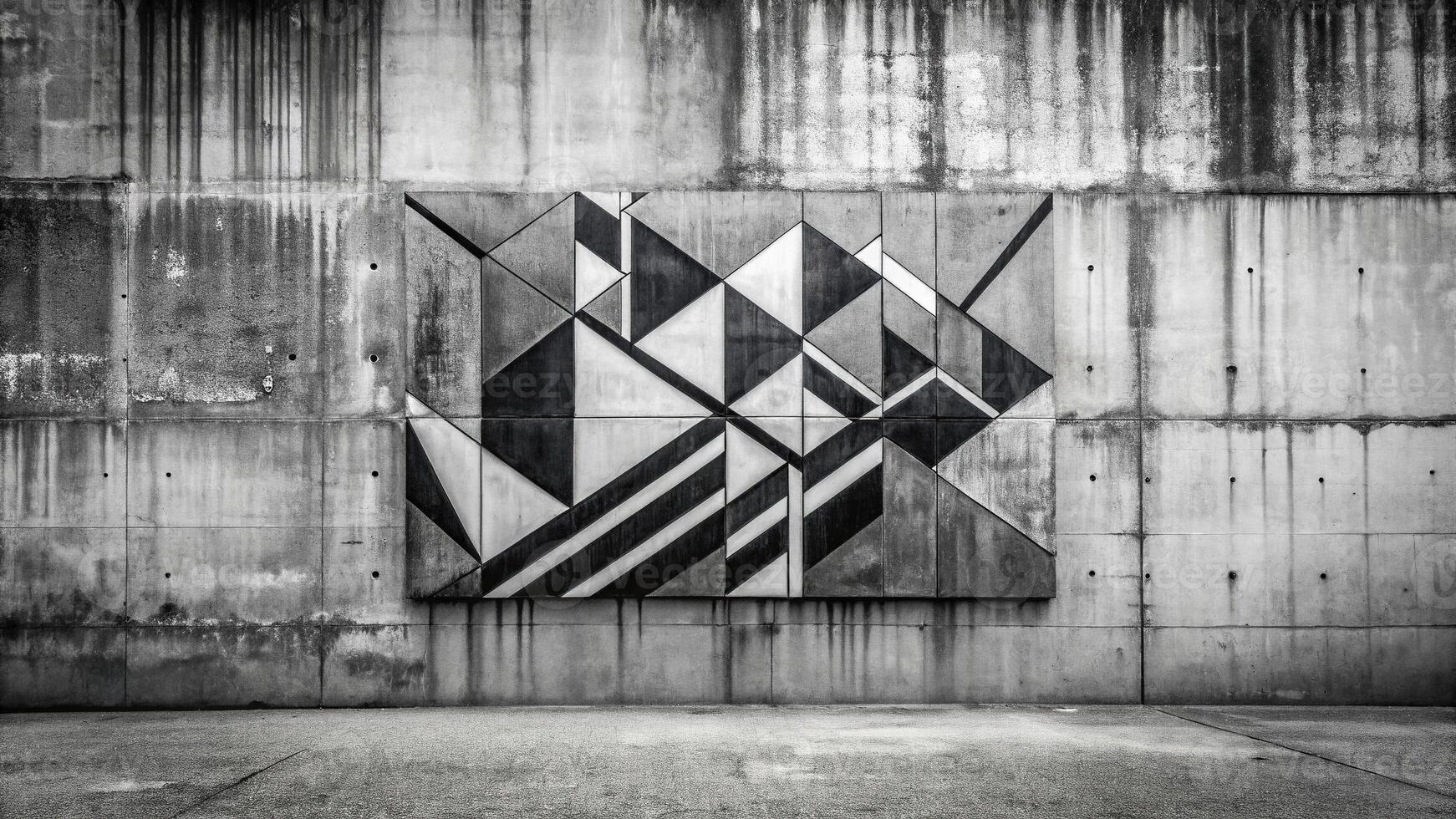 An abstract art piece in black and white colors adorns a medium shot of a cement wall, wall art, minimalistic, monochromatic, minimalism, pattern, urban, creative expression photo