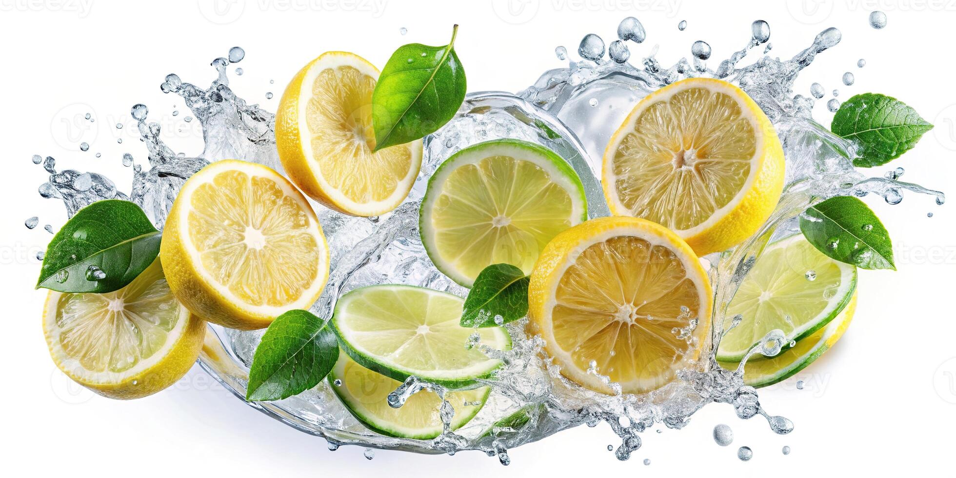 A stock photo featuring a bird s eye view of lime and lemon slices with water splashing around them isolated on a white background, isolated, background, natural, juicy, lemon