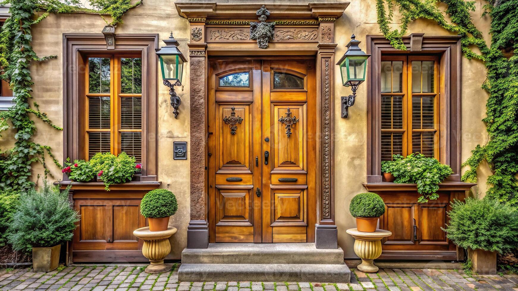 building, charming, architecture, Vintage wooden door and symmetrical windows adorn the front entrance of a charming old house evoking a sense of nostalgia and architectural elegance photo