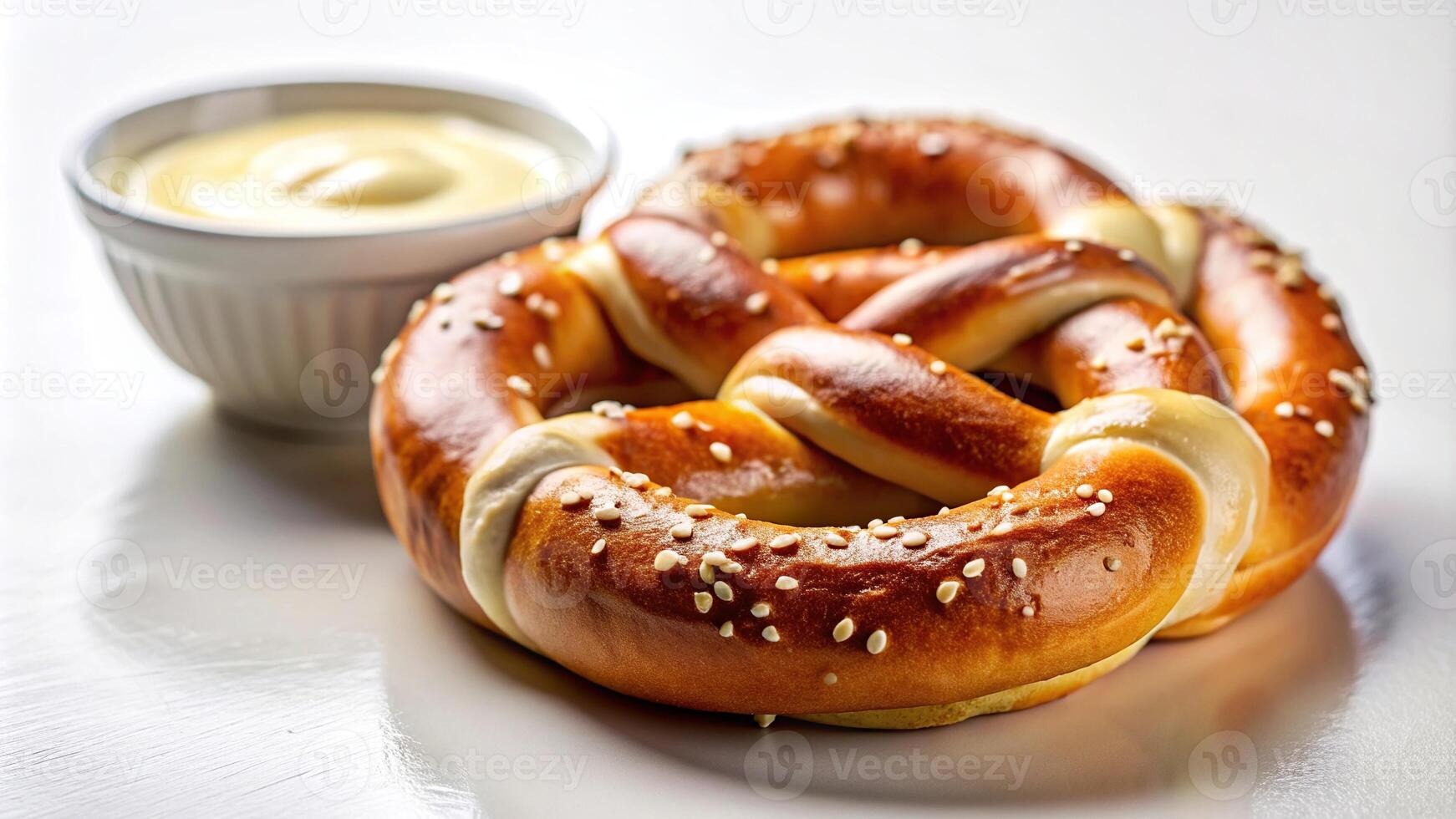 A close up shot of a delicious soft pretzel served with a side of creamy cheese sauce placed on a plain white background, salted, side dish, white background, close-up, cheese dip photo