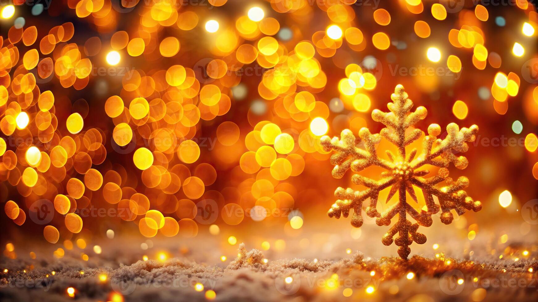 Abstract orange and yellow bokeh lights with snowflake and sunlight panoramic background with copy space in worm's eye view photo