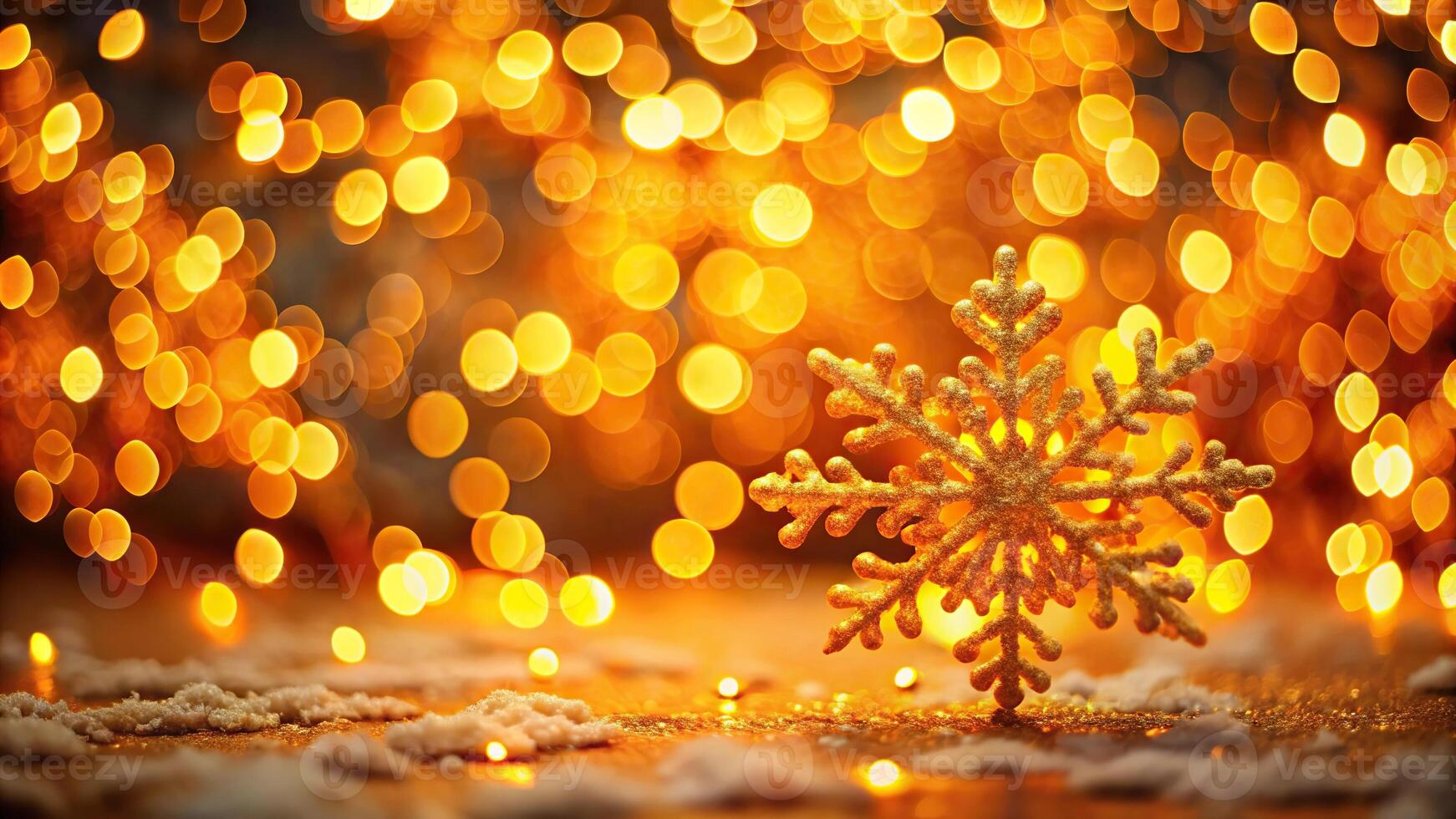 Abstract orange and yellow background with bokeh lights and snowflake photo