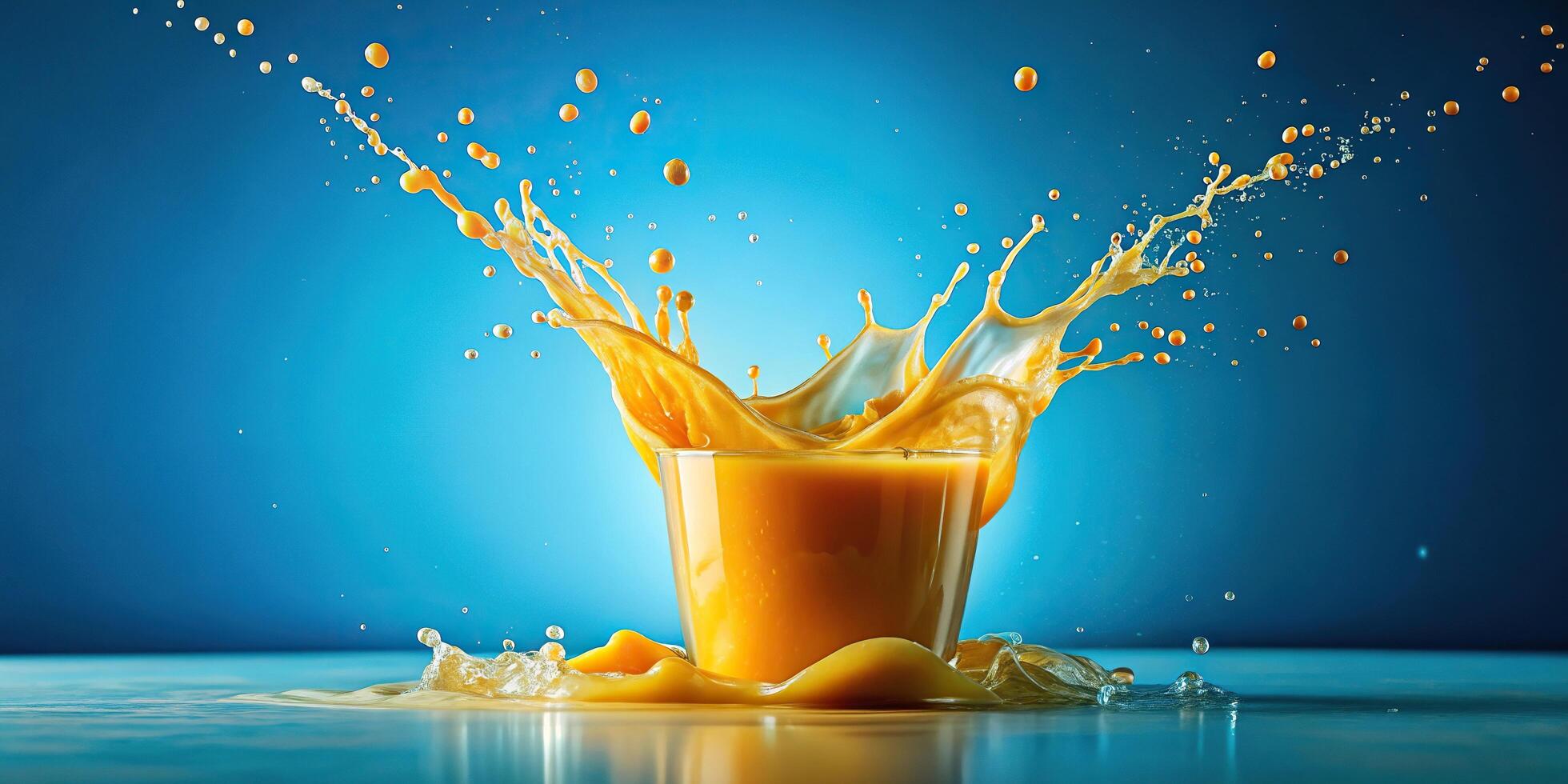 Abstract orange juice droplets on blue background photo