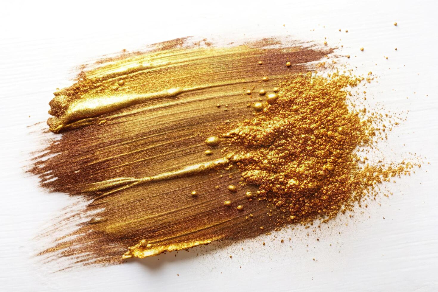 Abstract paint texture with long shot gold bronze glittering color smear brush stroke on white background photo