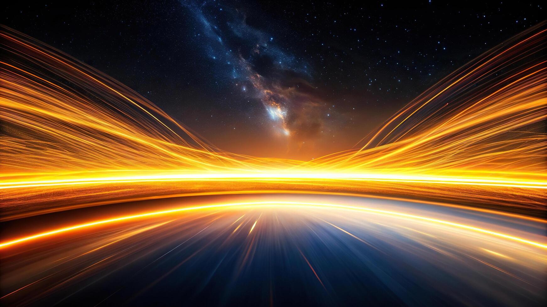 Abstract orange light streaks in dark sky with black background bordered by white yellow and black photo