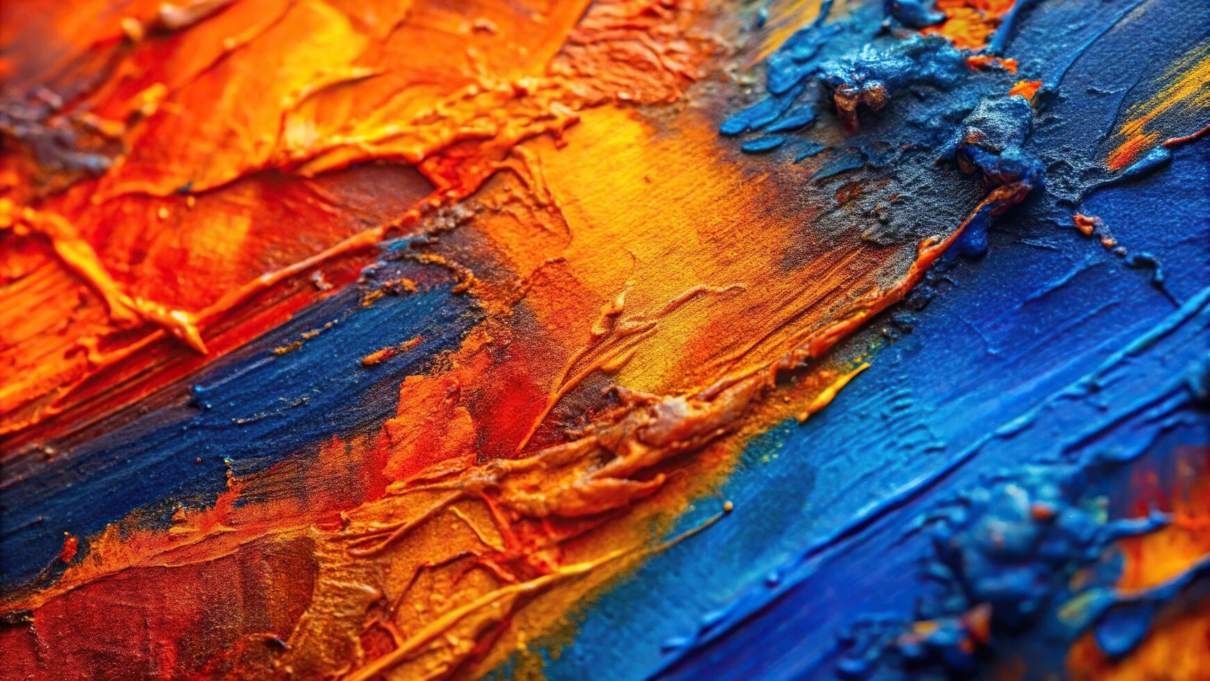 abstract painting, ultramarine, fiery orange, rough textures, macro shot, bird eye view photo