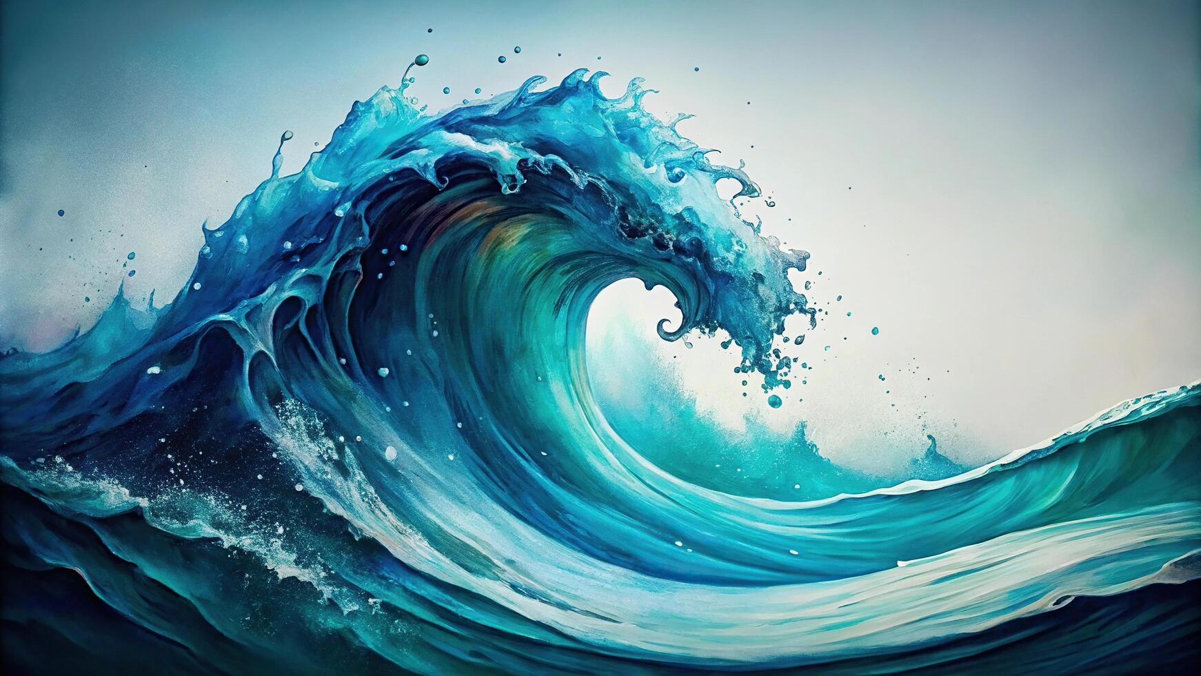 Abstract painting of waves in dark blue and turquoise ink, macro shot photo
