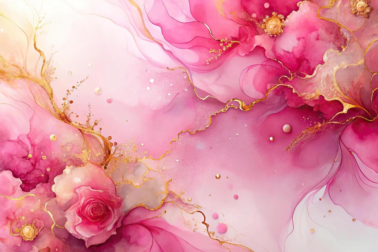 Abstract pink and gold alcohol ink background resembling watercolor flowers photo