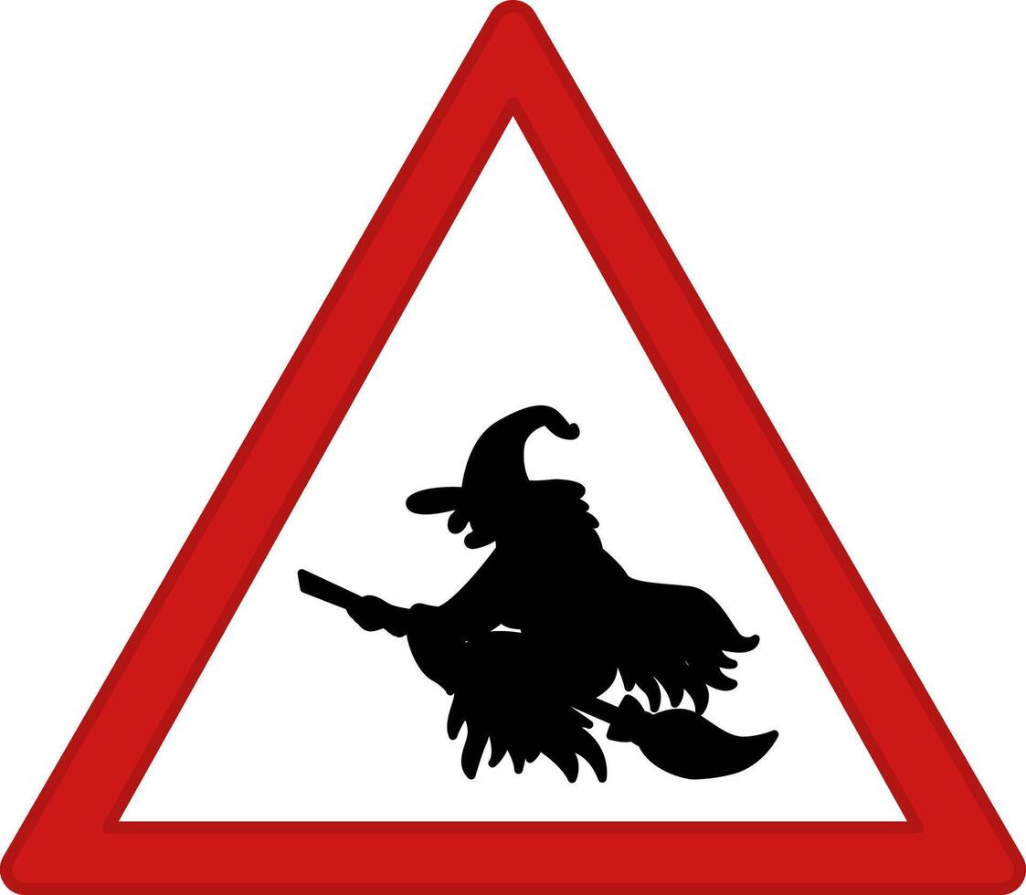 Red Sign Attention Witch Road. Warning Road Sign. Evil Witch Flying on a Broom. vector