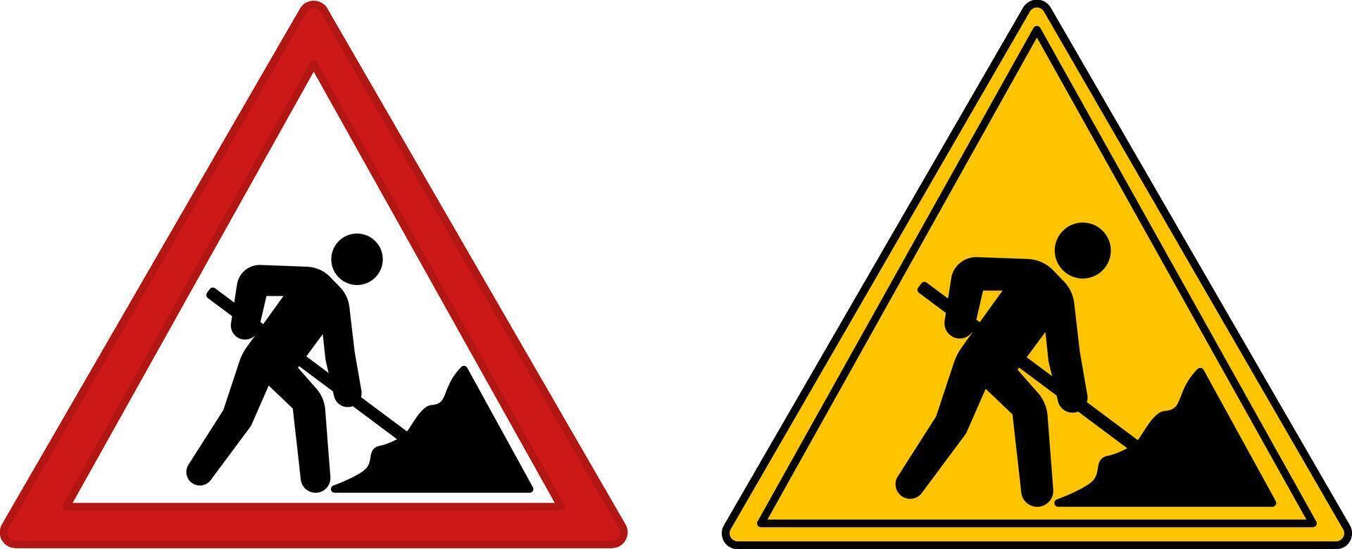 Red and Yellow Road Works Sign. Warning Road Sign. Man Working On Road. vector