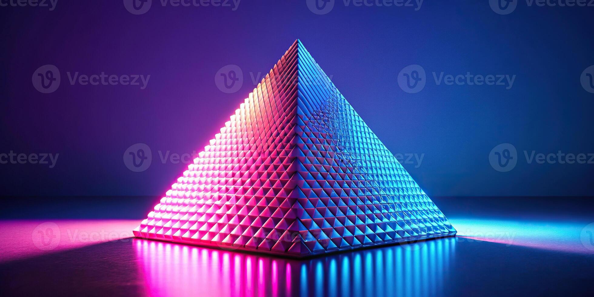 Abstract pyramidal surface illuminated in blue and pink light from a low angle photo