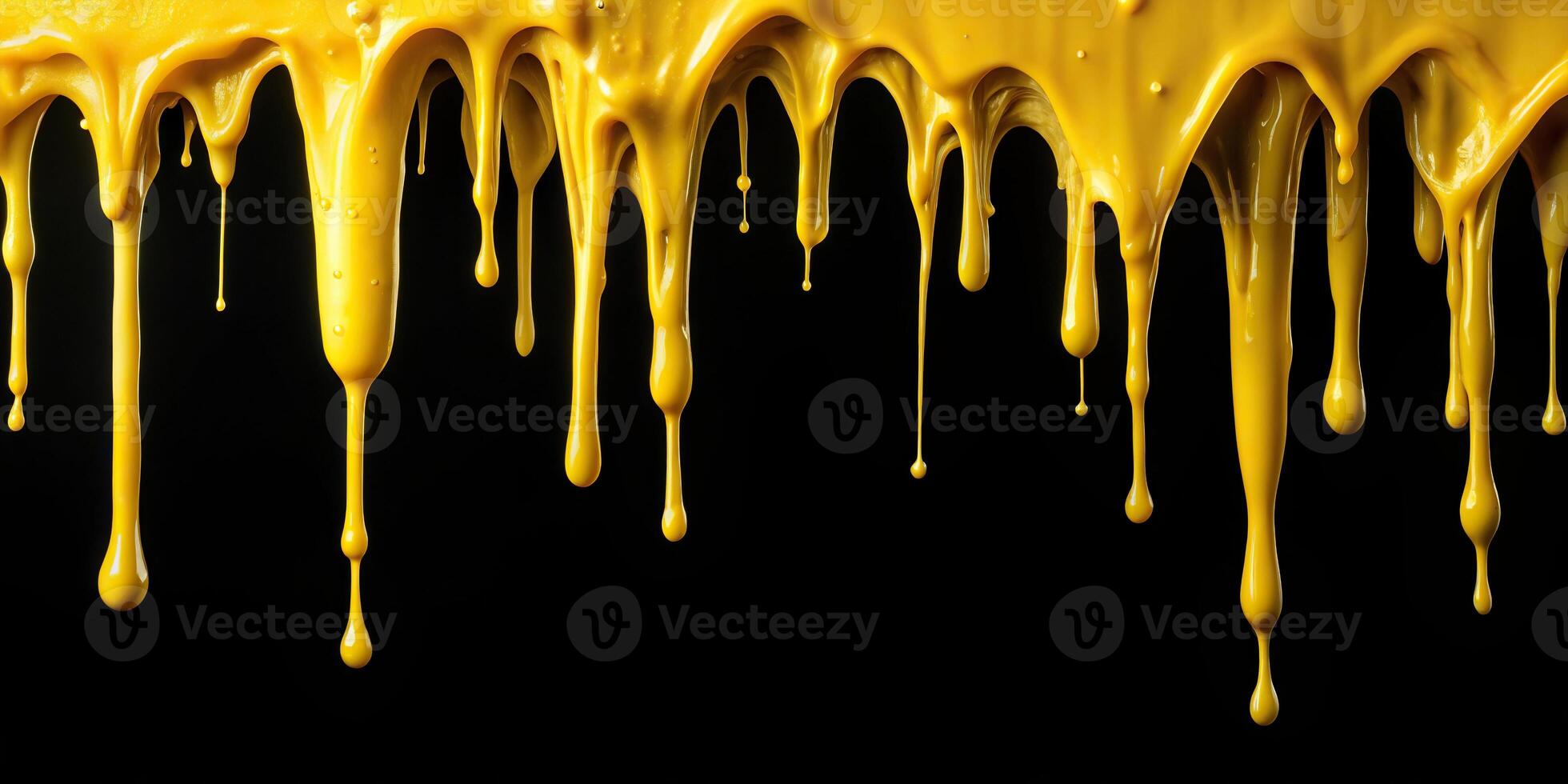 Abstract asymmetrical artwork of dripping yellow paint on black background photo