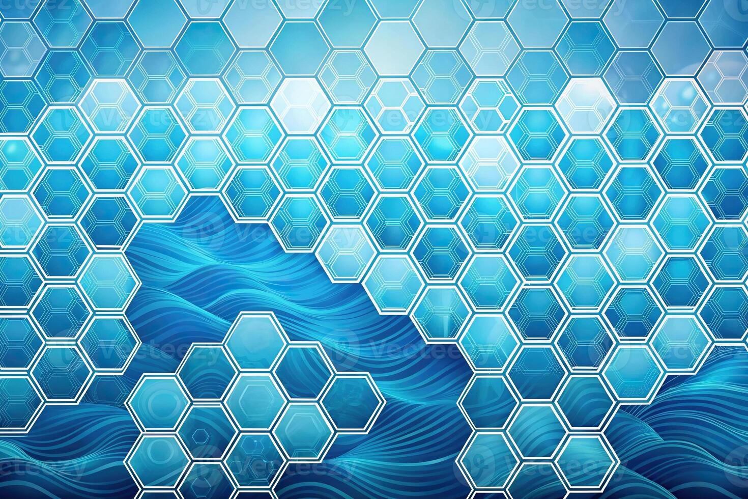 Abstract nautical background with ocean blue hexagons and white wave patterns photo