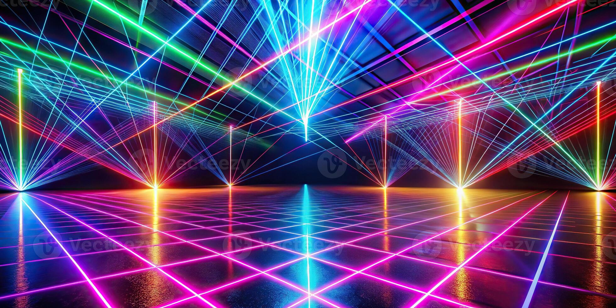 Abstract neon laser light show with reflective floor macro photo