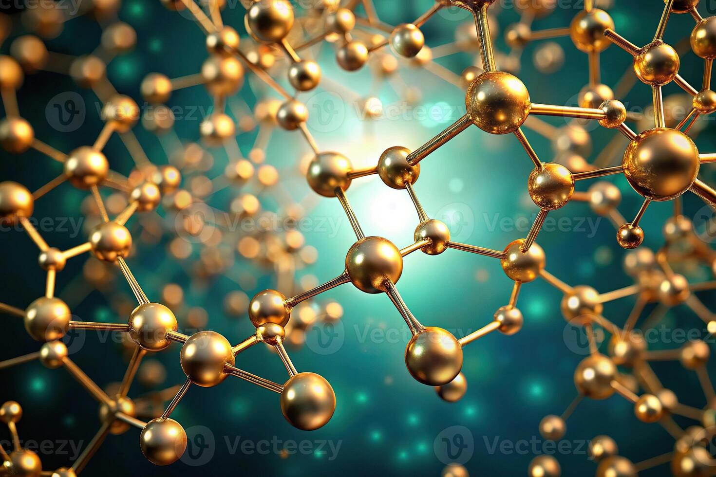 Abstract molecular structure with golden lights and teal background extreme close-up photo