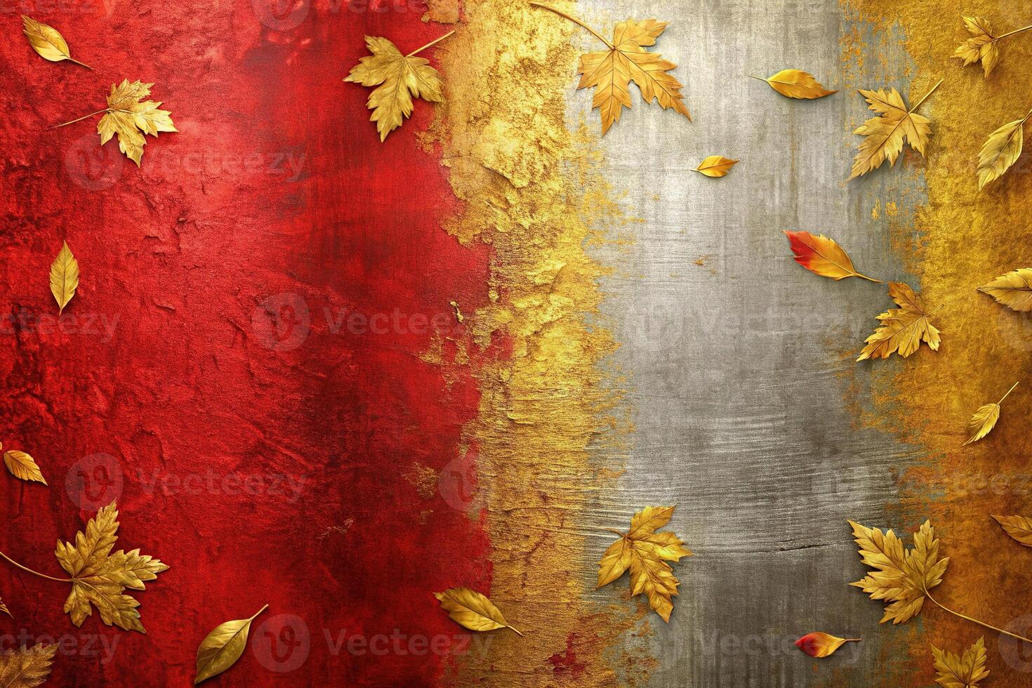 Abstract metal background in red gold and gray colors textured brushstrokes, gold leaf, golden leaves, bird eye view photo