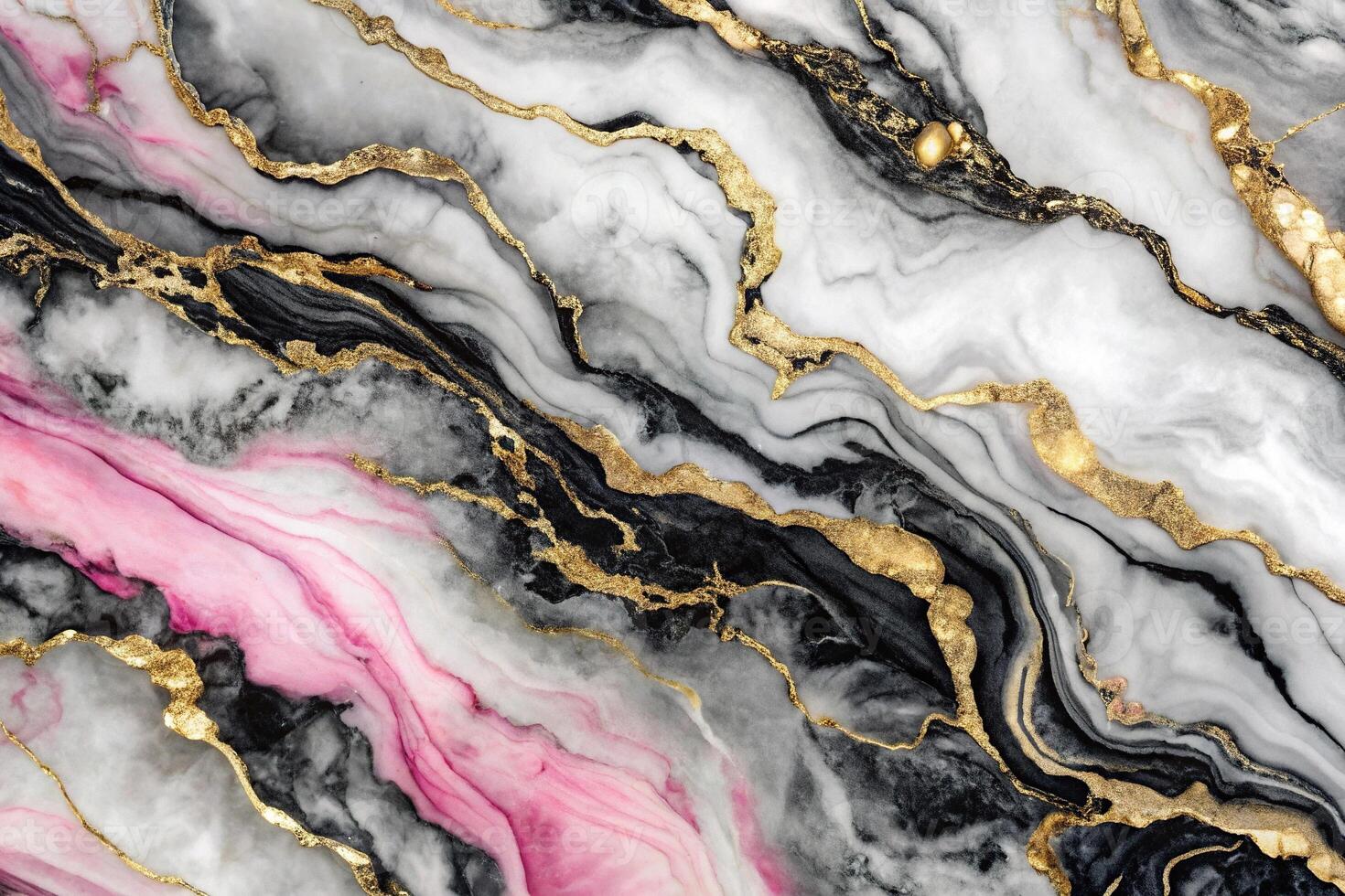 Abstract marble texture in black white and pink with golden veins at eye level photo