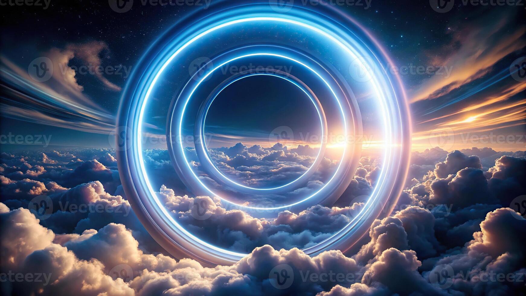 abstract neon light rings illuminated on dark night sky background photo