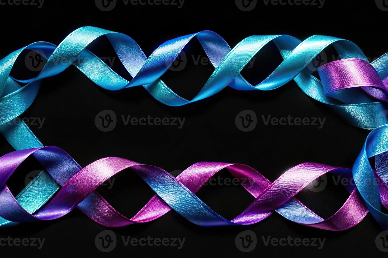 Abstract image of asymmetrical blue and purple ribbons twisted and curled on black background photo