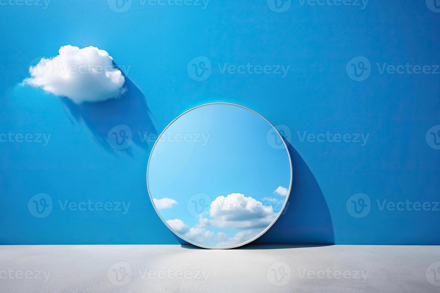 Abstract minimal scene with round mirror on blue background reflecting clear blue sky and white clouds photo