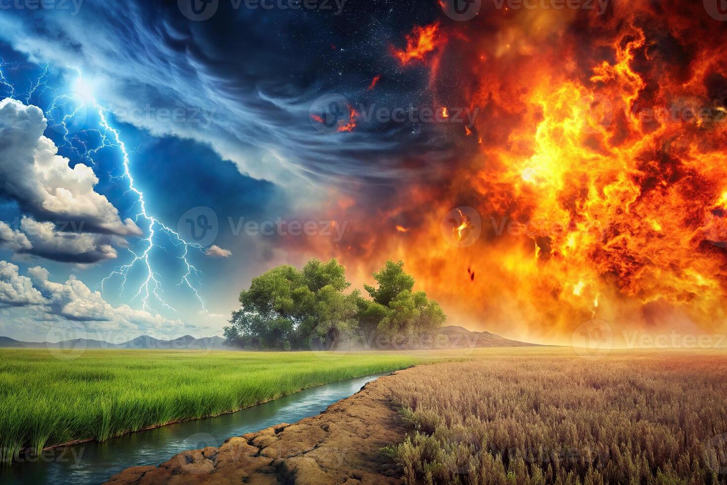 Abstract landscape of climate change with rising temperatures, storms, and fires photo