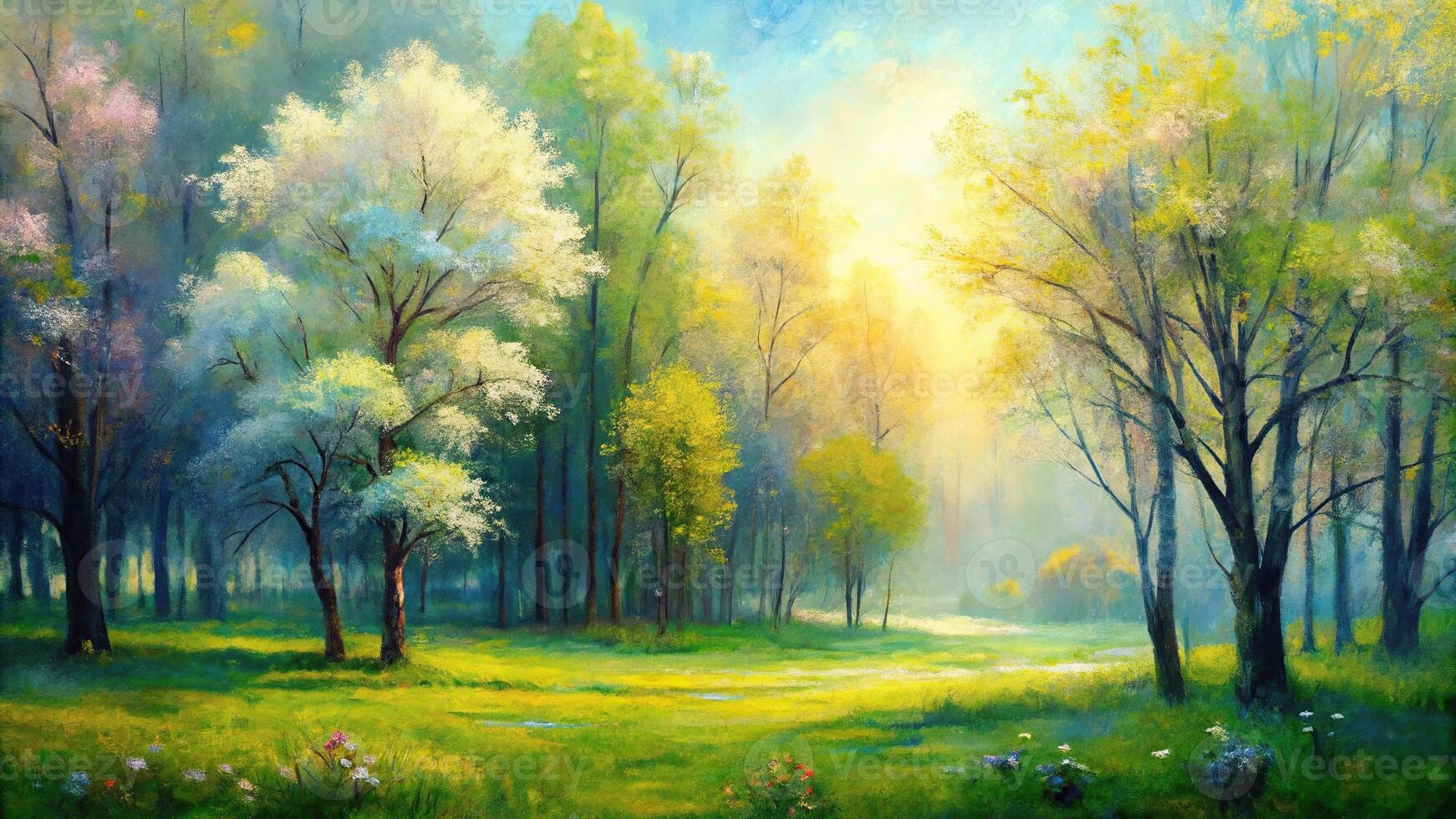 abstract oil painting of a spring forest landscape in farmhouse style photo