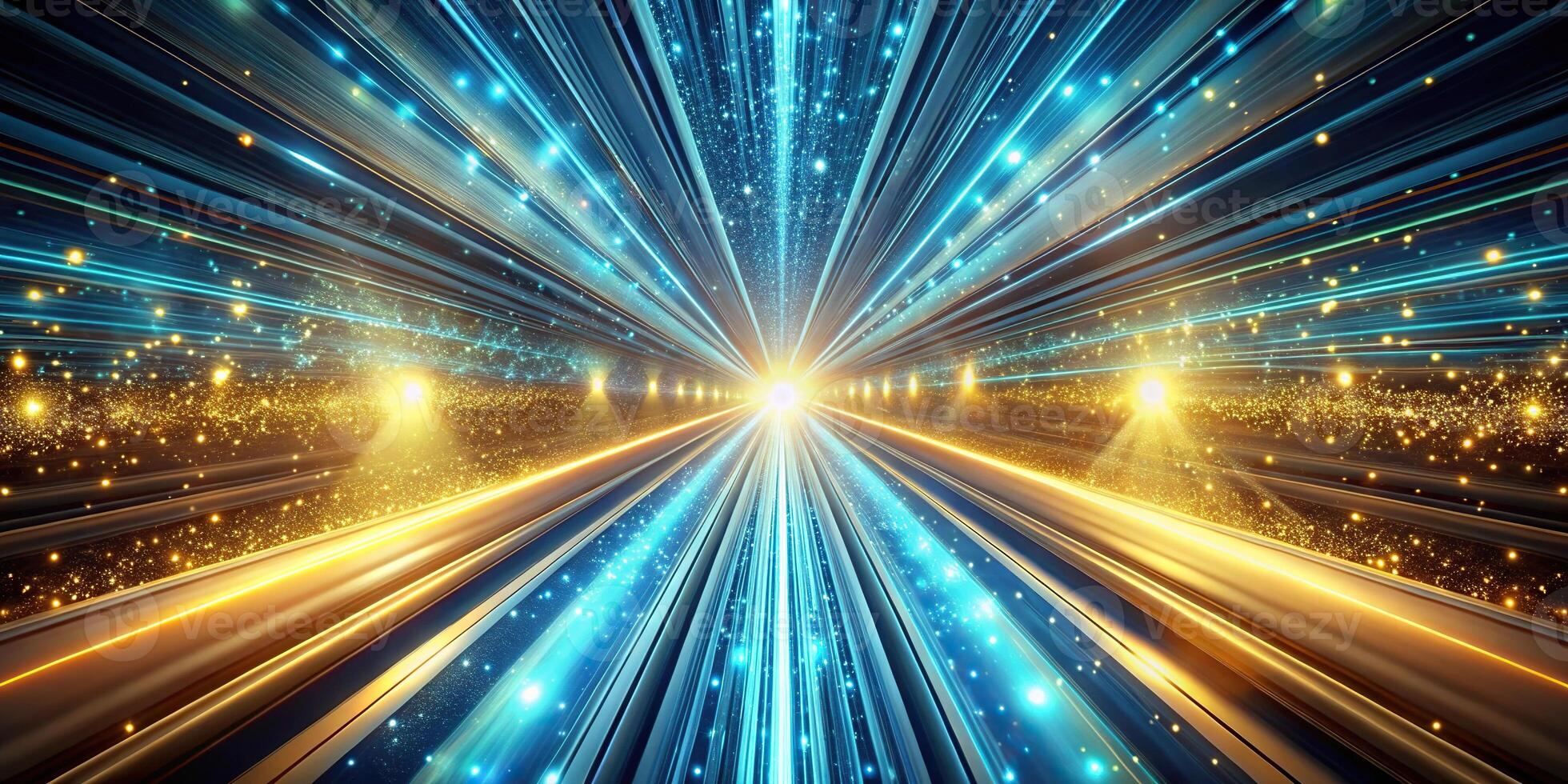 Abstract image of a warp speed tunnel with gold and cyan-blue colors and particles. photo