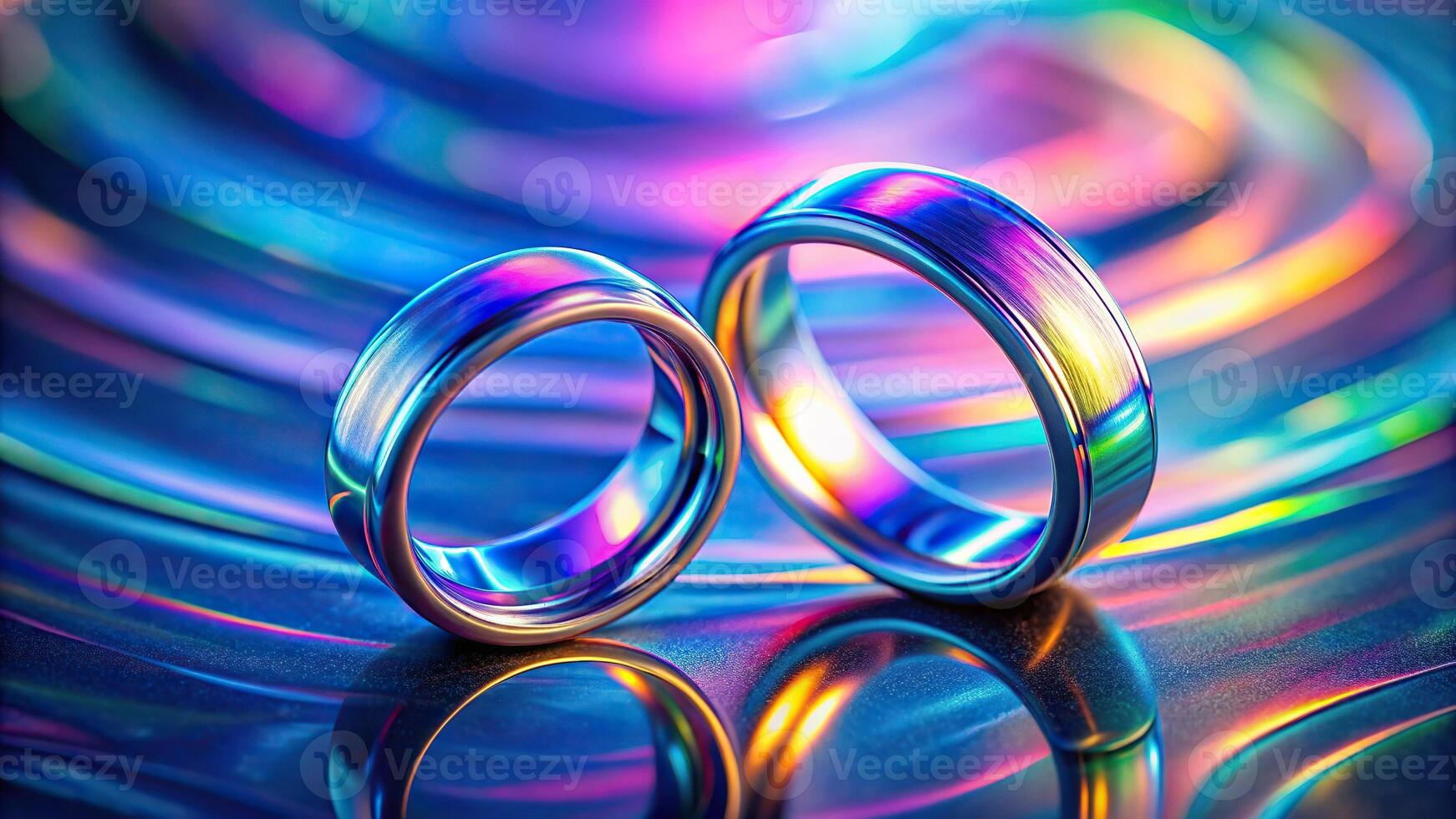 abstract holographic rings in blue and pink colors on tilted angle background photo