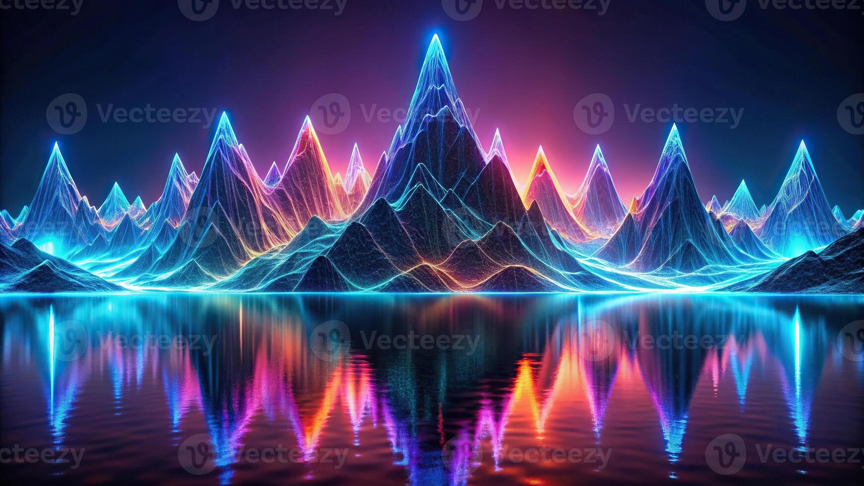 Abstract futuristic artwork of glowing waveform mountains reflecting in surreal background, perfect as a wide-angle wallpaper photo