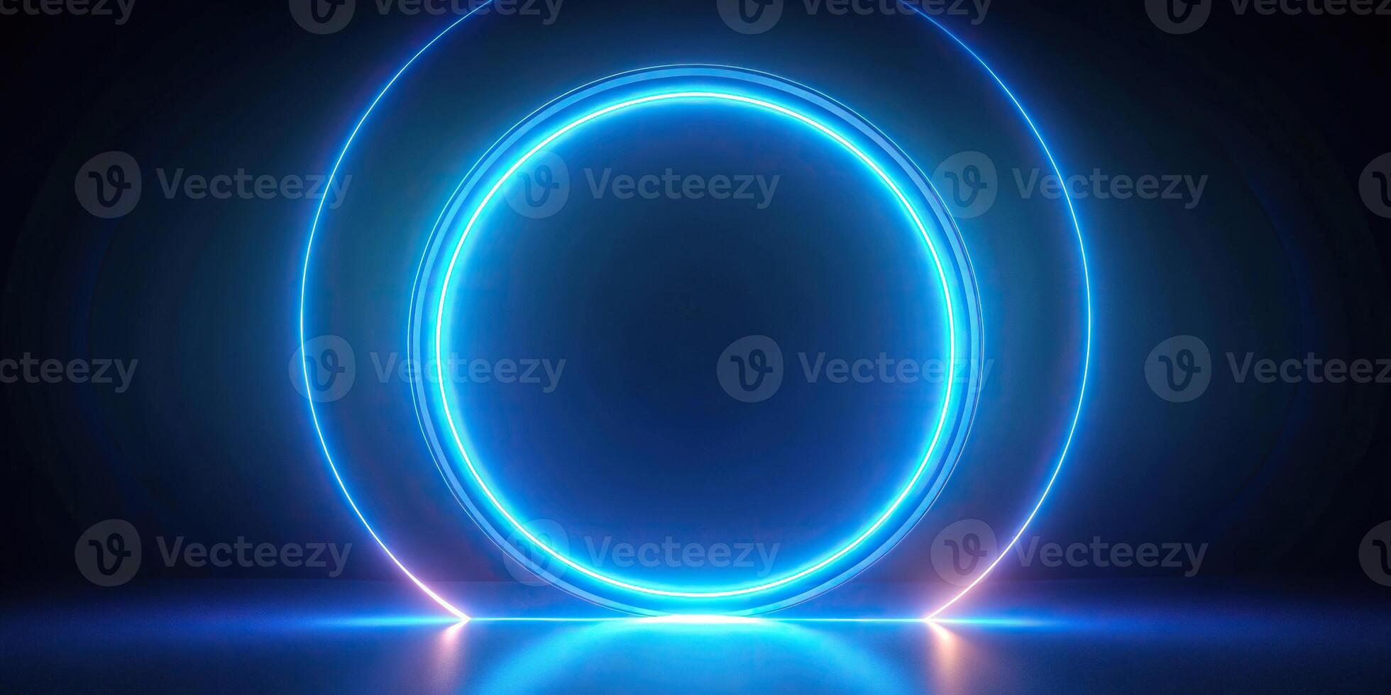 Abstract futuristic glowing blue neon circle frame on a wide-angle background photo