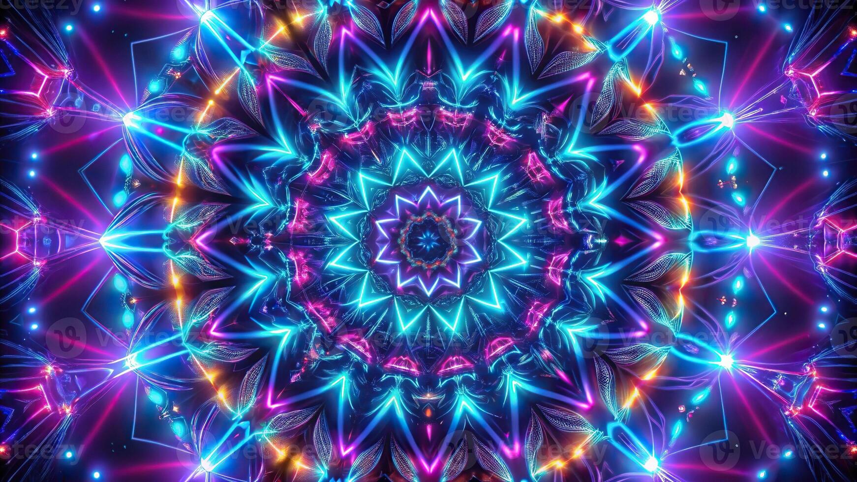 abstract full drop pattern, kaleidoscope, neon lights, dark background photo