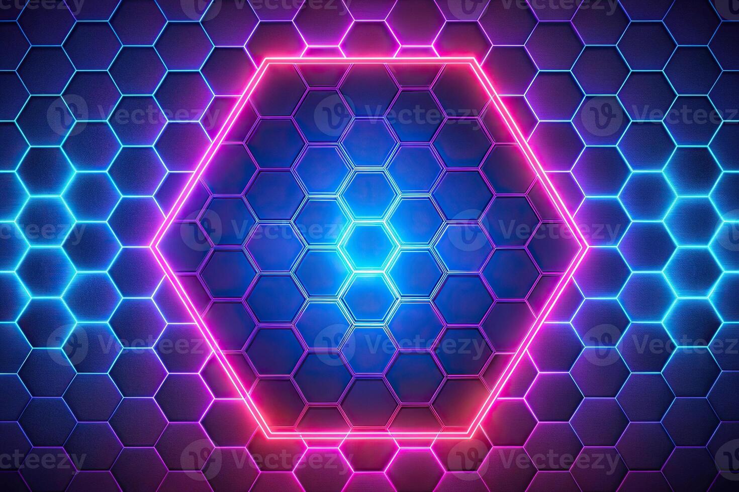 Abstract futuristic hexagonal grid neon geometric background extreme close-up photo