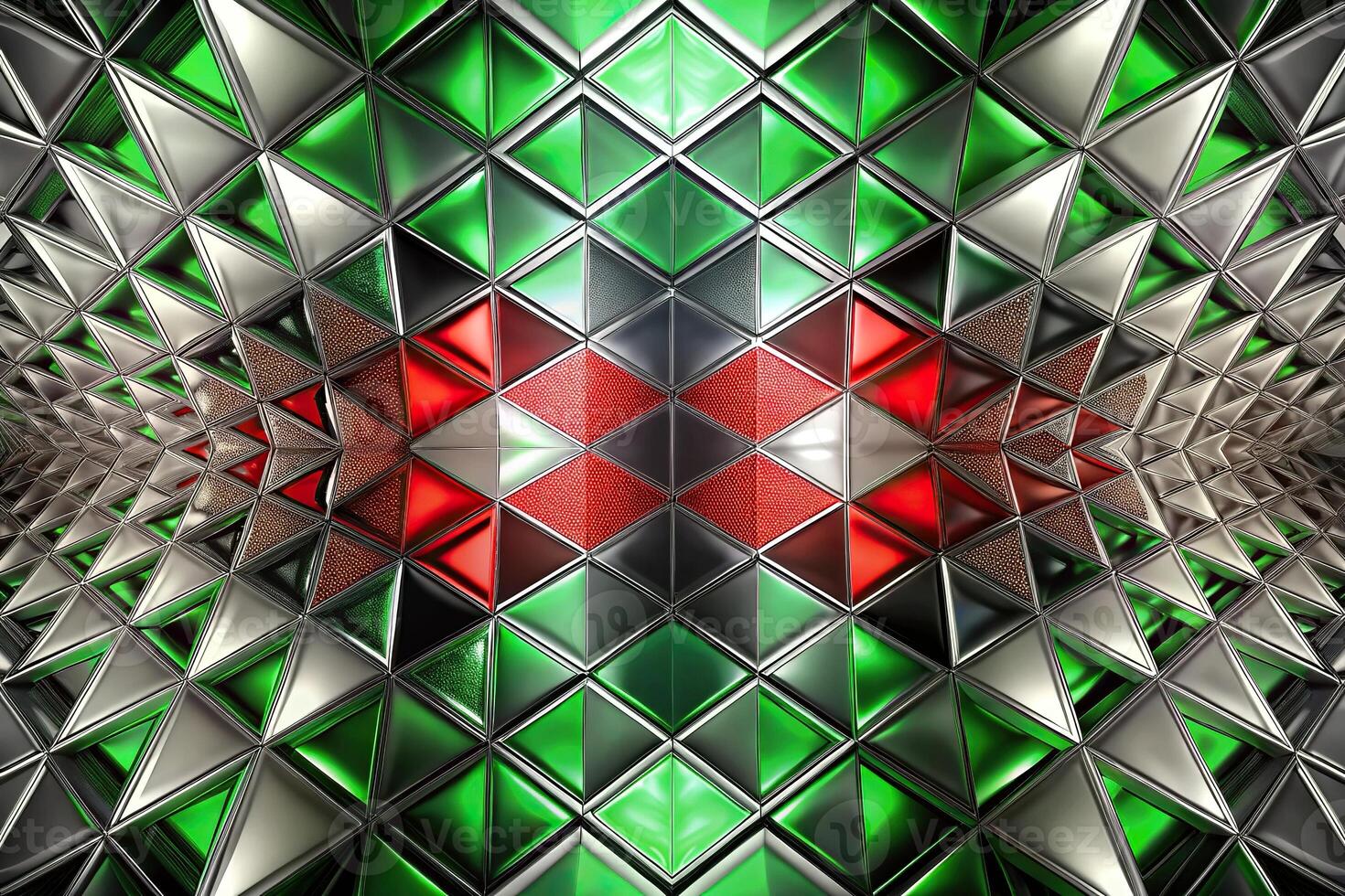 abstract geometric pattern of green, silver, red, and black shapes against a low angle view photo