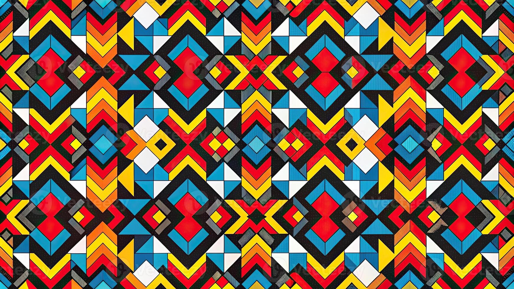 Abstract geometric pattern with red, yellow, blue, and black shapes reflected photo