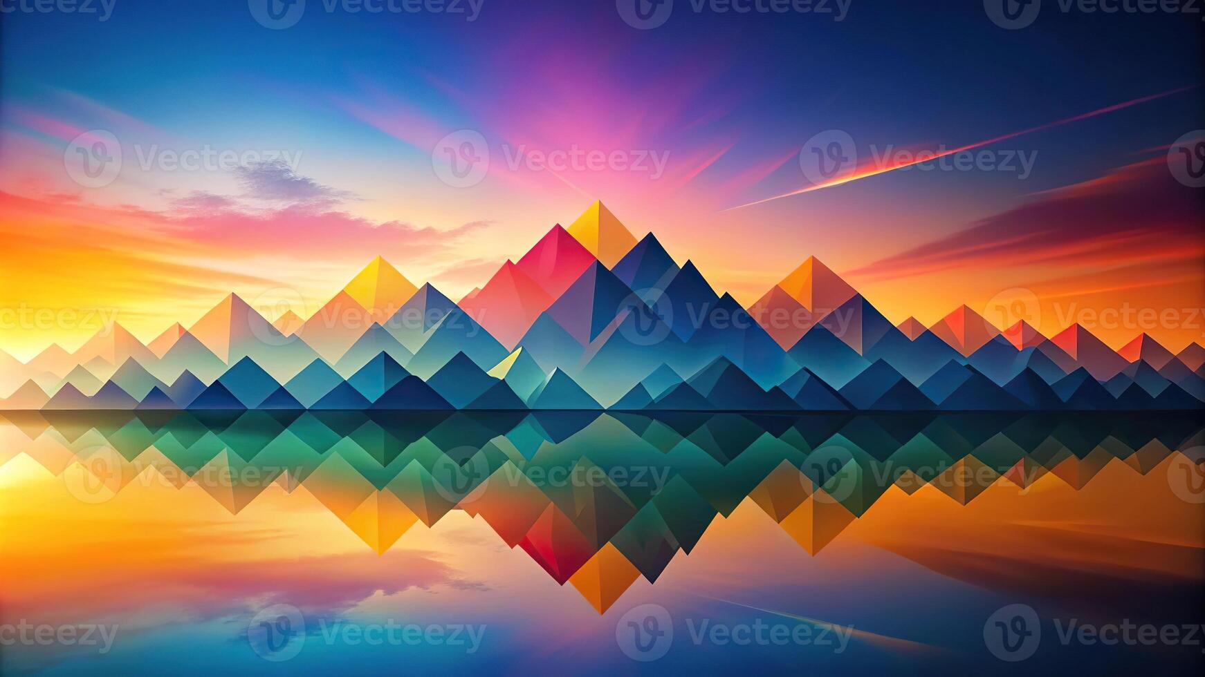Abstract geometric landscape with colorful mountains reflected in water at sunset photo