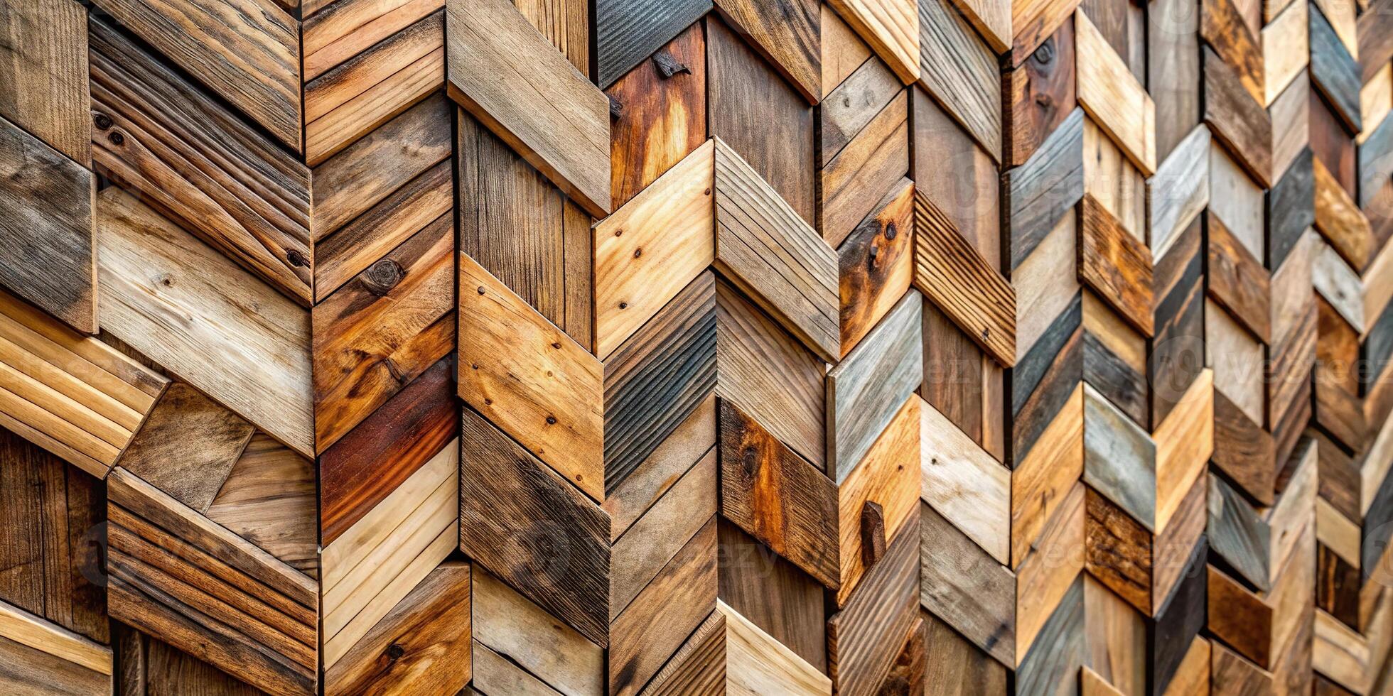 Abstract geometric pattern of reclaimed wood wall paneling texture with shallow depth of field photo