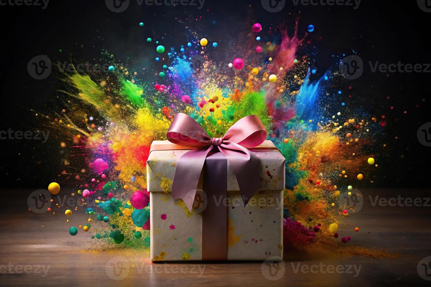 Abstract gift box with colorful paint splatters on black background photo