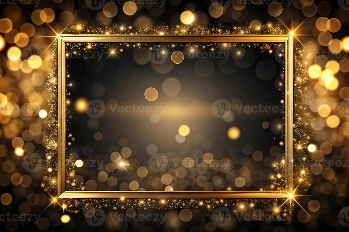 Abstract gold frame and light effect on dark bokeh background photo