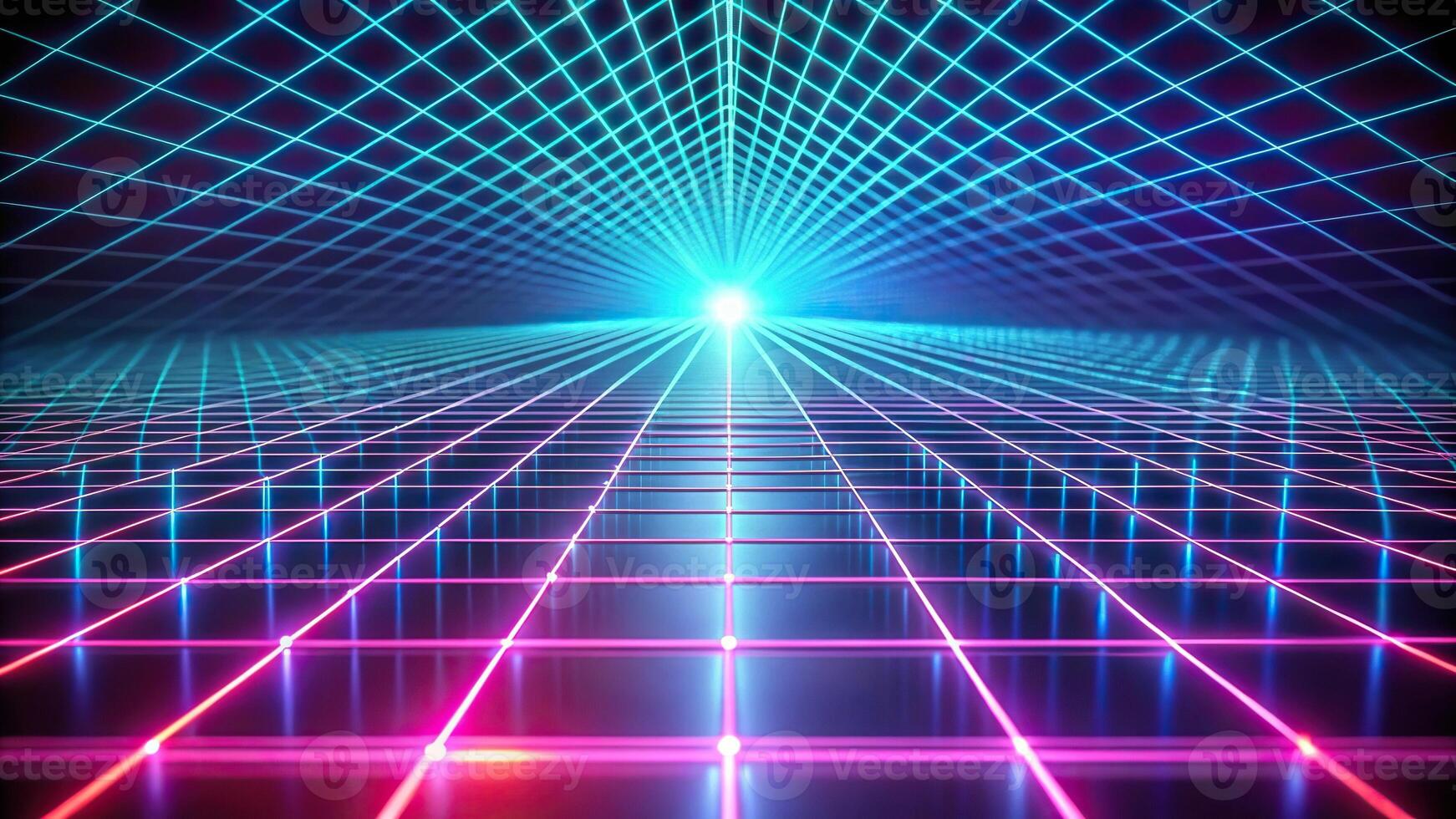 Abstract glowing neon grid pattern in perspective futuristic background with depth of field photo