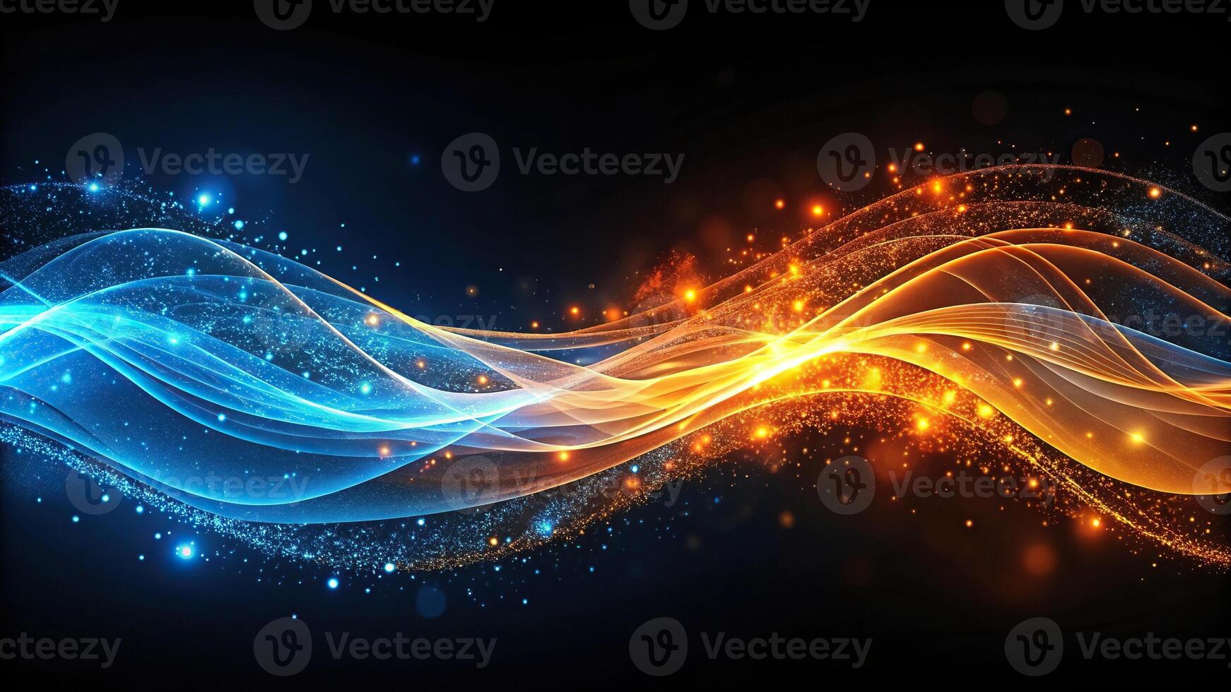 Abstract glowing wave with shiny particles on dark background photo