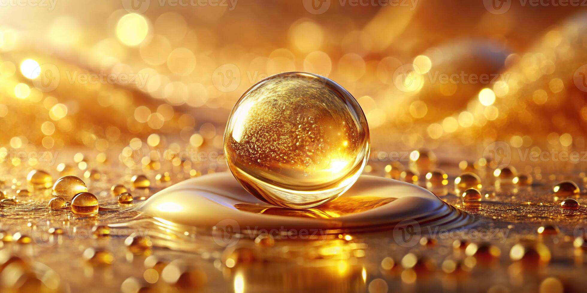 Abstract golden warm texture background with collagen drop water and serum bubbles photo
