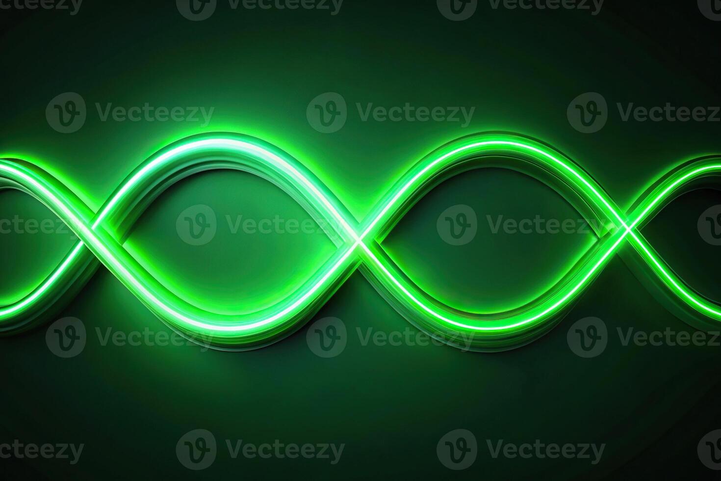 Abstract green neon background with glowing wavy tube on black backdrop photo