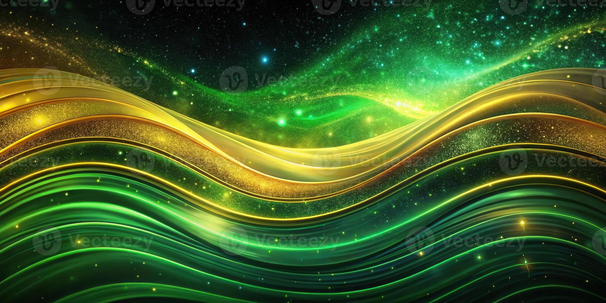 Abstract green and gold waves against a starry night sky tilted at an angle photo