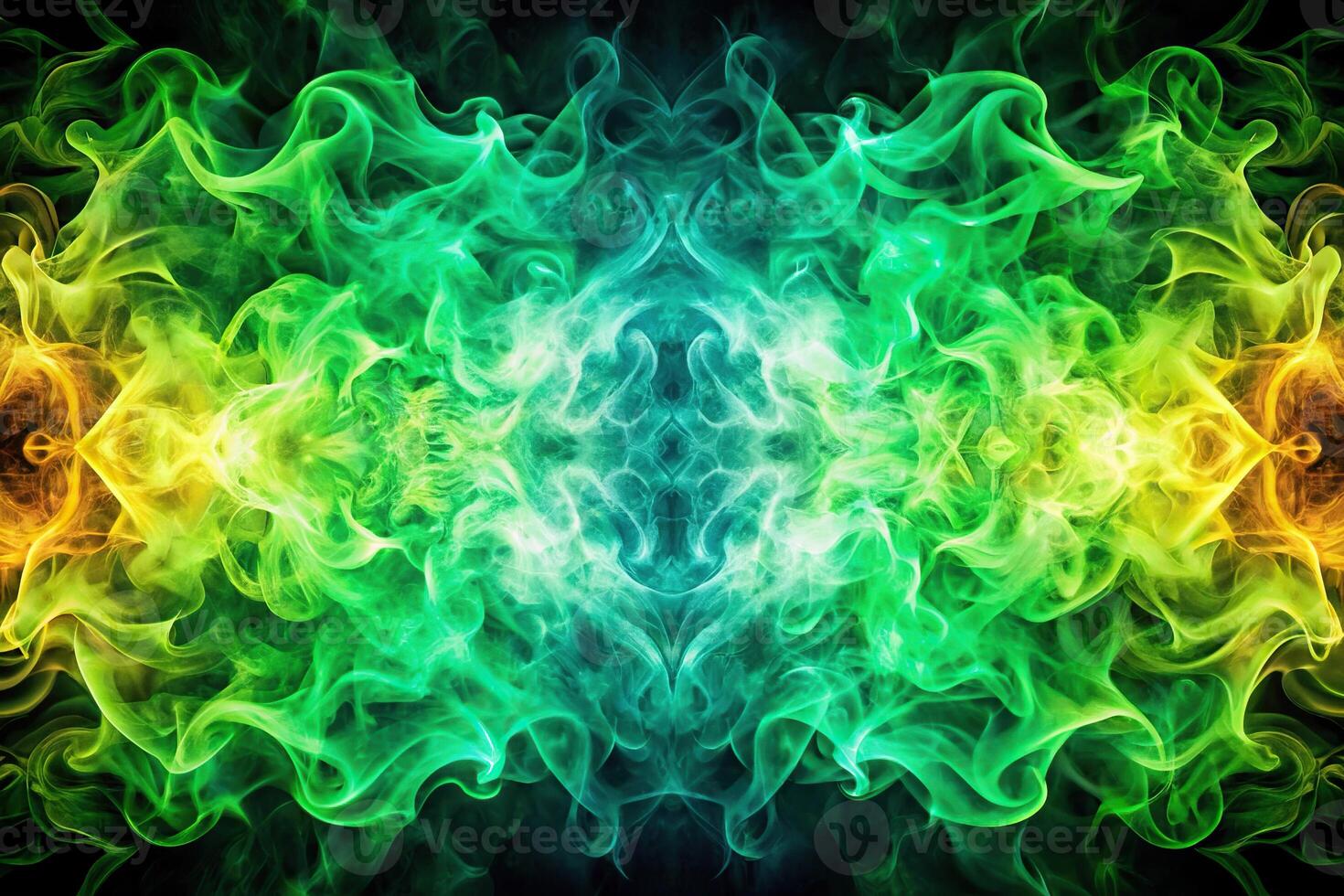 Abstract green fire and smoke colorful background with symmetrical design photo