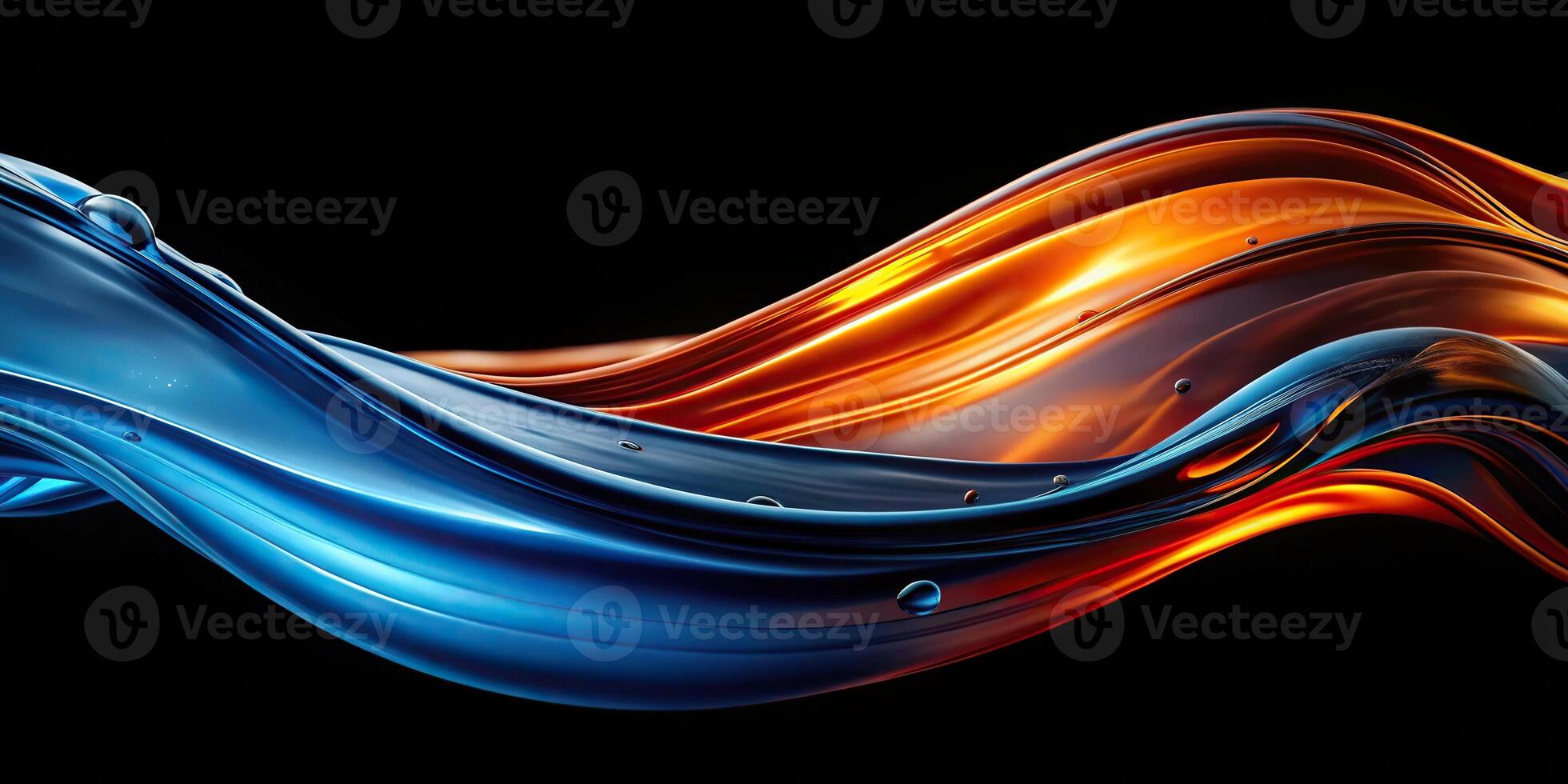 Abstract flowing liquid glass waves on black background smooth texture blue and orange Asymmetrical photo