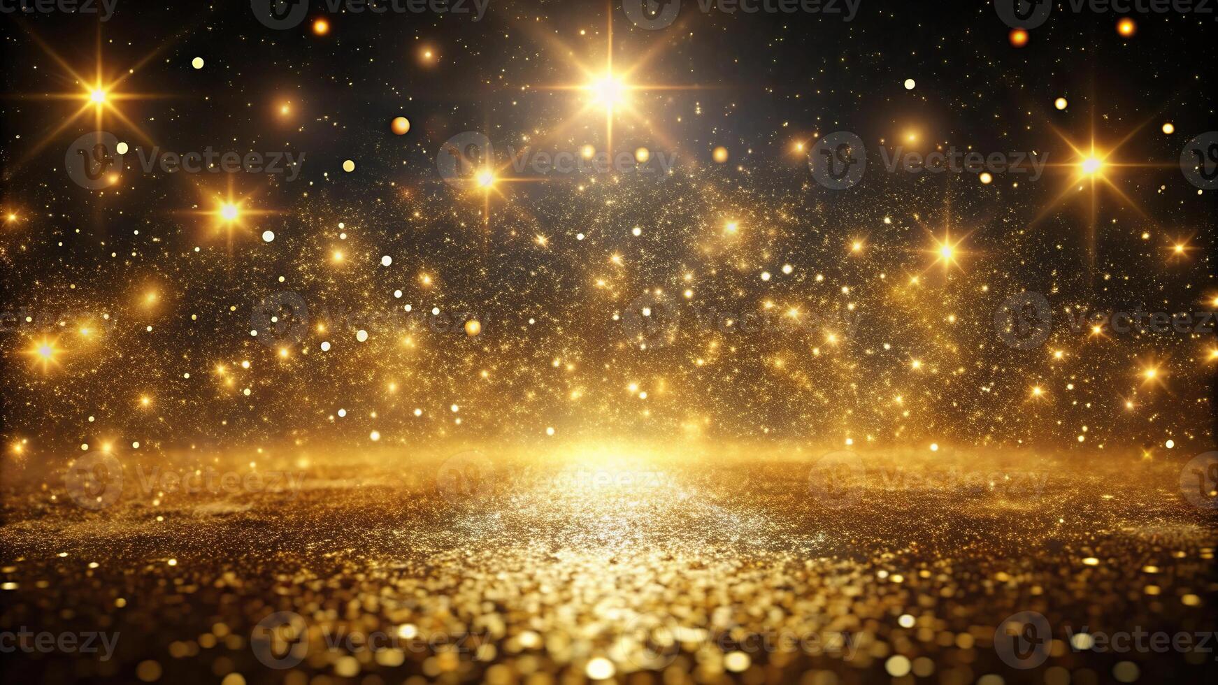 Abstract background of shining golden floor with particles and stars glittering in space on black background photo