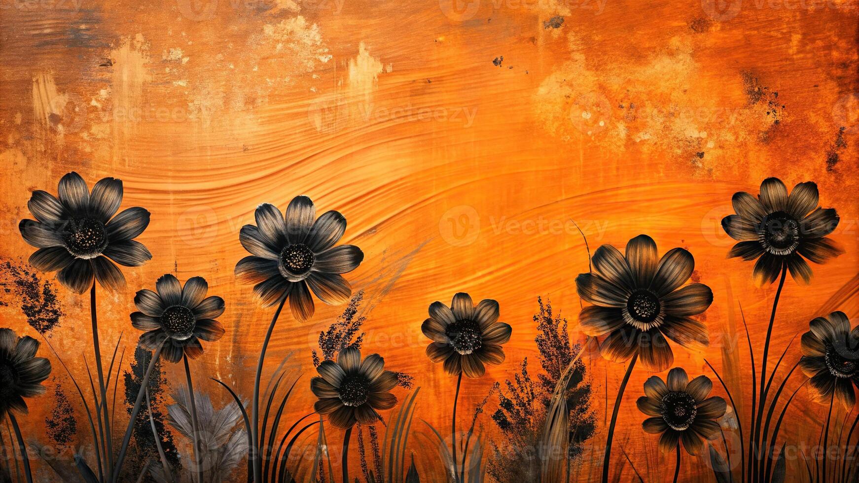 abstract background with black flowers and orange paintbrush strokes photo
