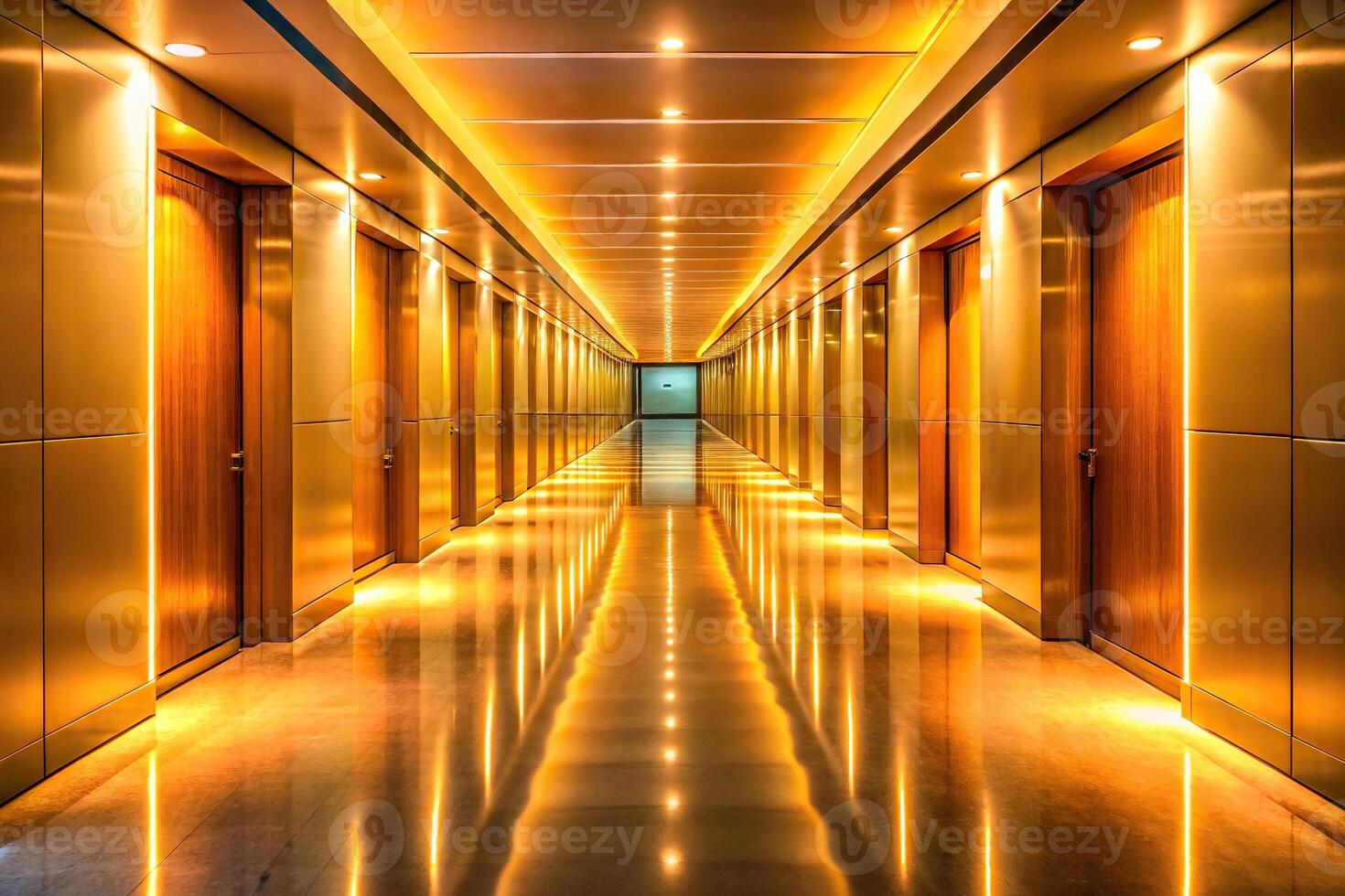 Abstract corridor with warm lighting, viewed from a tilted angle photo