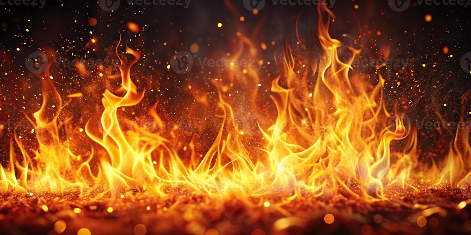 Abstract burning fire flames on black background with sparks, creating a depth of field effect photo
